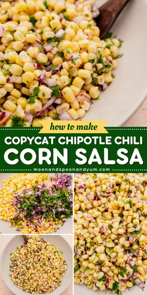 All your guests will love this Copycat Chipotle Chili Corn Salsa! A perfect Superbowl party food idea and game day menu addition. This easy to follow recipe is gluten free, vegan, dairy free, plant based, soy free, and nut free. Make it today and enjoy! Chili's Copycat Recipes, How To Make Chipotle Chicken, Chipotle Veggies, Chilis Restaurant Recipes, Copycat Chipotle Burrito Bowl, Copycat Chipotle Corn, Chipotle Bowl Recipe, Diy Chipotle, Chili Corn Salsa