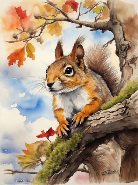 Squirrel Painting, Squirrel Illustration, Animal Paintings Acrylic, Genos Wallpaper, Woodland Animal Art, Squirrel Art, A Squirrel, Geometric Art Prints, Watercolor Landscape Paintings