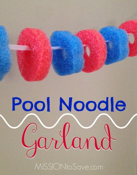 DIY Pool Noodle Garland (Alternative Uses for Pool Noodles Posts) - Mission: to Save Pool Noodle Garland, Uses For Pool Noodles, Swim Team Party, Pool Noodle Games, Pool Noodle Wreath, Pool Noodle Crafts, Sleepover Invitations, Swim Party, Pool Birthday