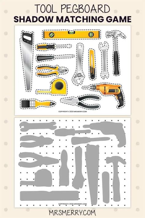 Construction Fine Motor Activities, Tools Game, Construction Activities Preschool, Construction Theme Preschool, Tool Pegboard, Preschool Construction, Shapes Matching, Tools Theme, Shadow Matching