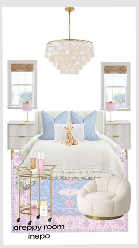 Cozy Girly Room, Blue And Pink Room Aesthetic, Pink And Blue Room Ideas, Light Blue Aesthetic Room, Bedroom Ideas Pink And Blue, Costal Bedroom Idea, Preppy Coastal Bedroom, Pastel Bedroom Aesthetic, Feminine Apartment Decor