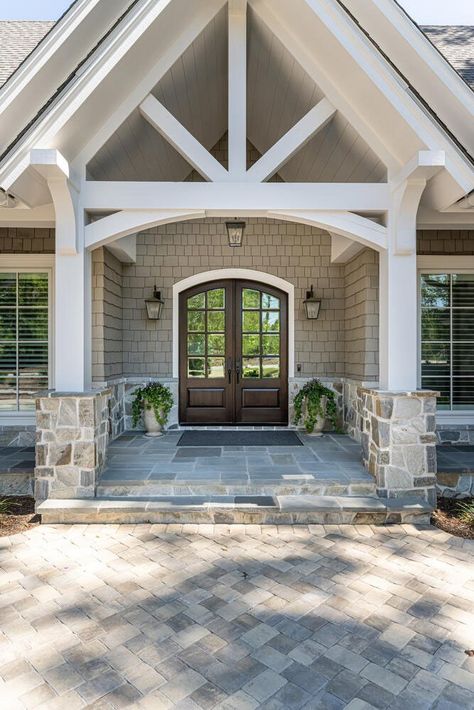 Large Gable Front Porch, Grand Exterior Entryway, Modern Home House Plans, Front Entryway Exterior, Craftsman Entryway Exterior, Decorative Gables On House, Taupe Farmhouse Exterior, Modern Farmhouse Exterior Entry, Vaulted Front Porch Entry