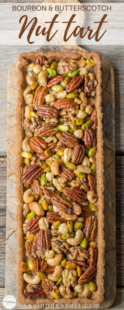 Bourbon & Butterscotch Nut Tart -Assorted nuts are coated in a smooth, creamy butterscotch sauce with just a hint of bourbon then baked in a pecan shortbread crust. #savingroomfordessert #tart #bourbontart #butterscotch #nuttart #baking #nutdessert #dessert Pecan Shortbread Crust, Nut Tart, Nut Dessert, Pecan Shortbread, Pecan Desserts, Assorted Nuts, Butterscotch Sauce, Shortbread Crust, Sweet Pie