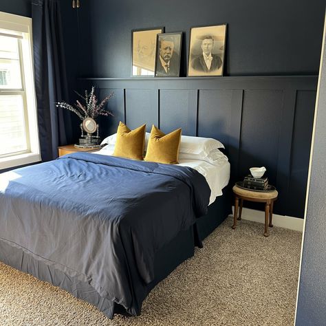 Bat And Board Walls Bedroom, Narrow Guest Bedroom, Bat And Board Walls, Dark Blue Boys Bedroom, Blue Boys Bedroom, Bedroom Transformation, Navy Walls, Board And Batten Wall, Dark Walls