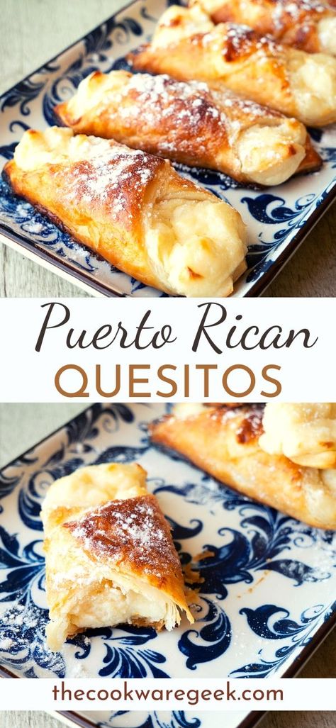 Sweets With Puff Pastry, Easy Puerto Rican Dessert Recipes, Puff Pastry Mexican Appetizers, Easy Desert With Puff Pastry, Pastries For Breakfast, Homemade Pastries Easy, Quick Easy Breakfast Pastries, Puerto Rican Quesitos, Puerto Rican Pastry Recipes