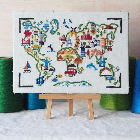 World Map Cross Stitch, Caterpillar Cross Stitch, Travel Cross Stitch, Cross Stitch Map, Map Cross Stitch, Nursery Projects, New Years Eve Fireworks, Detailed World Map, Holiday Cross Stitch