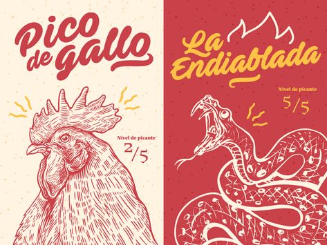 Spicy Sauces, Illustration Packaging Design, Mexican Graphic Design, Chicken Brands, Graphic Design Letters, Illustration Packaging, Coffee Shop Logo, Mexican Designs, Hot Spicy