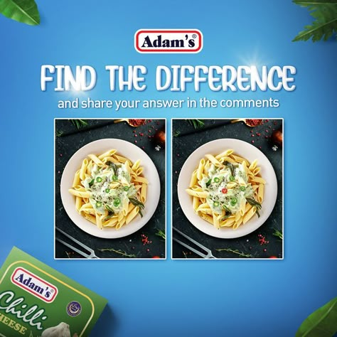 Spot the difference and comment your answers below. #AdamsMilkFoods #Adams #Cheese #Chilli Social Media Games Posts Ideas, Spot The Difference Games, Food Quiz, Ads Creative Advertising Ideas, Poster Design Layout, Food Contest, Interactive Posts, Spot The Difference, Food Menu Design