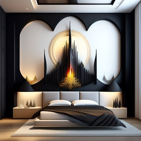 Wall art in bedroom interior Hotel Room Interior Luxury, Goddess Bedroom, Rustic Bed Design, Ultra Modern Bedroom, Gold Bed Frame, Bed Design Modern Luxury, Furniture Sets Design, Japanese Homes, Simple Bed Designs