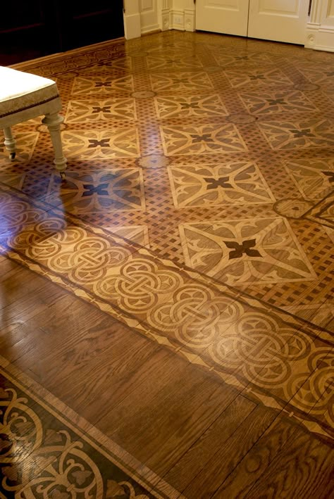 Is Your Hardward Floor Getting Wrecked? An Ages Old Solution | exquisite hand painted stenciled floor - looks like marquetry! created by designer Catherine Cleare Stencil Wood Floor, Storybook Decor, House Facelift, Floor Hardwood, Plywood Floors, Floor Stencils, Homeowner Tips, Painted Wood Floors, Practical Style