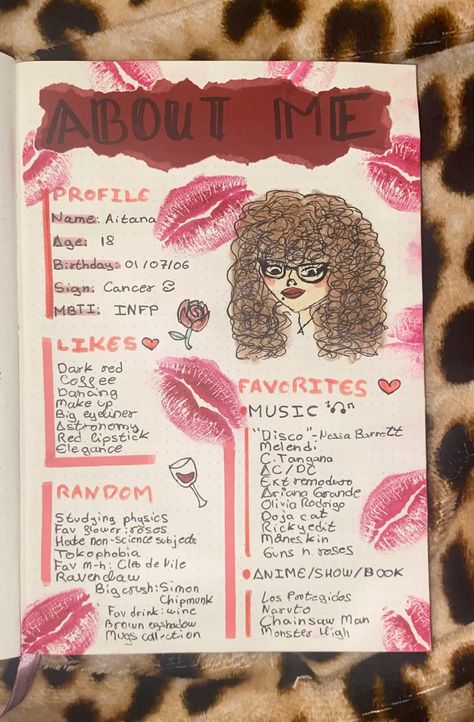 Journaling page idea about me About Me Page, Up Music, 18th Birthday, Monster High, Dark Red, About Me, Pins