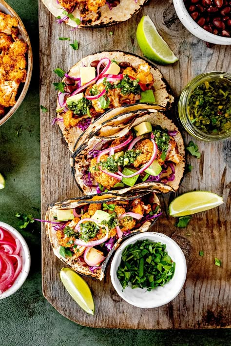 Chimichurri Cauliflower Tacos Chimichurri Cauliflower, Meatless Meals Healthy, Veggie Enchiladas, Veggie Tacos, Cauliflower Tacos, Vegetarian Tacos, Meatless Recipes, Chimichurri Sauce, Pickled Red Onions