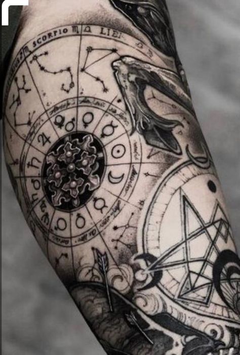 Astrology Tattoo Sleeve, Rip Tattoos For Mom, Ethnic Tattoo, Astrology Tattoo, Full Arm Tattoos, Zodiac Tattoo, Arm Tattoos, Mom Tattoos, Leg Tattoos