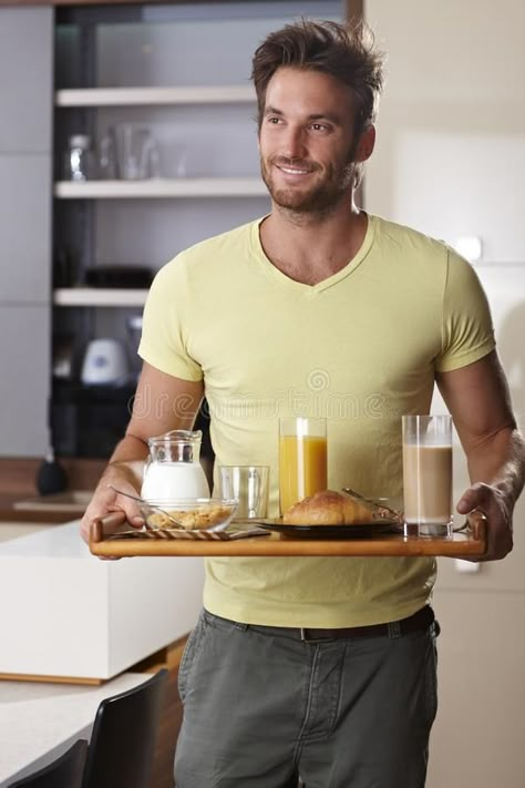 man holding breakfast tray Pose Reference Male, Best Romantic Images, Bookshop Café, Anime Art Reference, Reference Male, Magically Delicious, Male Pose, Male Pose Reference, Breakfast Tray