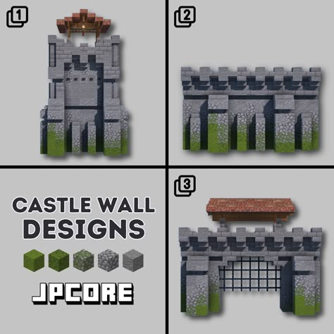 Need some cool Minecraft castle wall ideas and designs? Enjoy these stone walls with some overgrown effects. They're modular so they fit perfect against each other! The walls are about 9 blocks wall and 5 to 3 blocks wide. Minecraft Base Wall Ideas, Minecraft Wall Designs House, Minecraft Castle Block Palette, Minecraft Kingdom Wall, Minecraft Wall Gradient, Walls Minecraft Designs, Minecraft Stone Wall Designs, Minecraft Fence Wall Designs, Minecraft Walls Ideas Interior