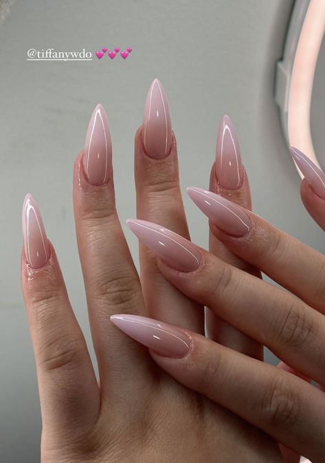 Gel Nails Pointy Almond, Different Almond Shaped Nails, Almond Nail Manicure Ideas, Colored French Almond Nails, Stiletto Nails Idea, Morena Nail Color, Stiletto Nails With Initials, Pointed Almond Acrylic Nails, Simple Long Almond Acrylic Nails