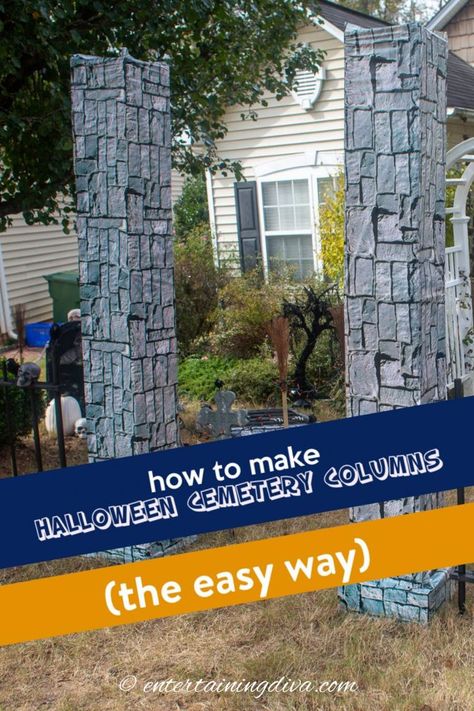 How To Make DIY Halloween Cemetery Pillars (The Easy Way) | Halloween Outdoor Decorations Cemetery Pillars, Diy Halloween Cemetery, Graveyard Entrance, Diy Cemetery, Diy Halloween Graveyard, Cemetery Fence, Pillar Decorations, Porch Pillars, Halloween Cemetery