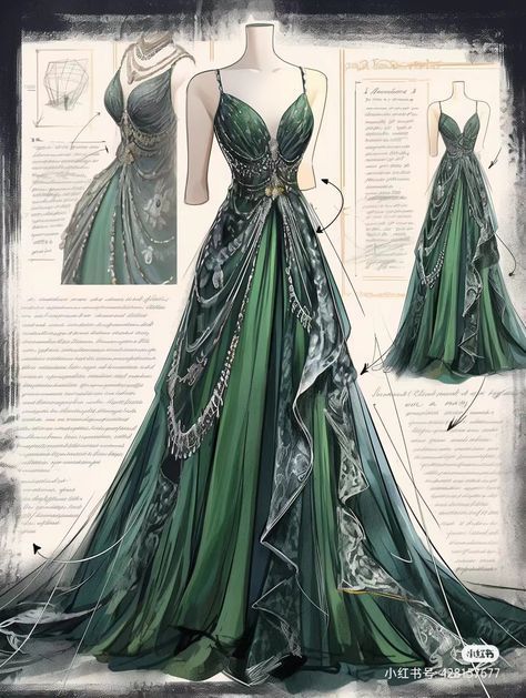 Enchanted Forest Gown Prom, Enchanted Forest Dresses, Green Gowns, Book Outfits, Hidden Art, Dreamy Gowns, Infinity Wedding, Gaun Fashion, Fashion Drawing Dresses