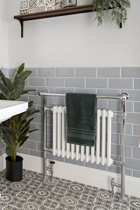 Victorian Towel Rail, Bathroom Radiator Towel Rail, Bathroom Radiator Ideas, White Bathroom Inspiration, Bathroom 2023, Vintage Inspired Bathroom, Cabin Living Room, Cloakroom Vanity Unit, Loft Bathroom