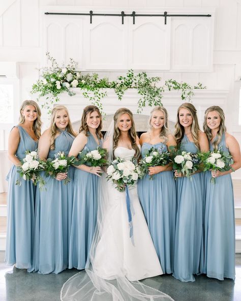 BIRDY GREY 🐥 on Instagram: “Make your maids your something (Dusty) Blue 💙 • 📸: @abbybatesphotography #birdyinthewild #BIRDYGREY” Birdy Grey Dusty Blue Chiffon, Birdy Grey Dusty Blue Bridesmaid, Birdy Grey Dusty Blue, Blue And Silver Dress, Dusty Blue Bridesmaid, 2025 Wedding, Birdy Grey, Spring 2025, Wedding Vibes