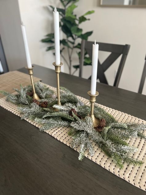 Dining Table Christmas Runner, Kitchen Table Decor Candle Sticks, Pine Garland Table Runner, Table Runner Ideas Christmas, Gold Christmas Table Runner, Dining Table Christmas Decor Simple, Christmas Table With Candlesticks, Christmas Decor With Candlesticks, Simple Centerpiece Dining Table