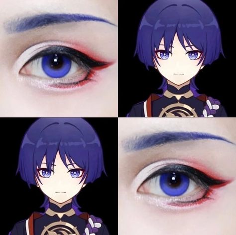 Wanderer Makeup Genshin, Wanderer Cosplay Tutorial, Genshin Makeup Ideas, Scaramouche Cosplay Makeup, Scaramouche Eye Makeup, Scaramouche Eyeliner, Anime Eyes Makeup Cosplay, Genshin Eye Makeup, Scaramouche Makeup Tutorial