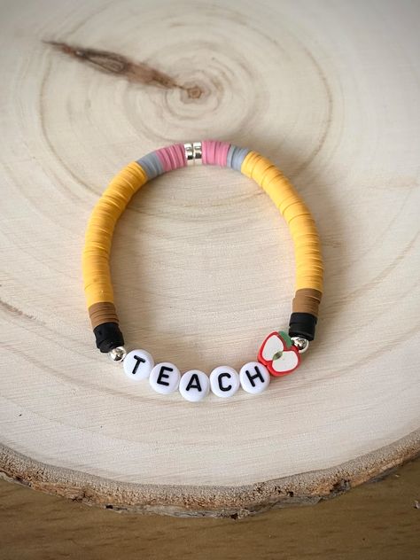 Teacher Bead Bracelet, Teacher Clay Bracelet, Teach Clay Bead Bracelet, Teacher Heishi Bracelet, Clay Bracelets Diy, Bracelet For Teacher, Heishi Bracelet Ideas, Small Beaded Bracelets, Pencil Bracelet