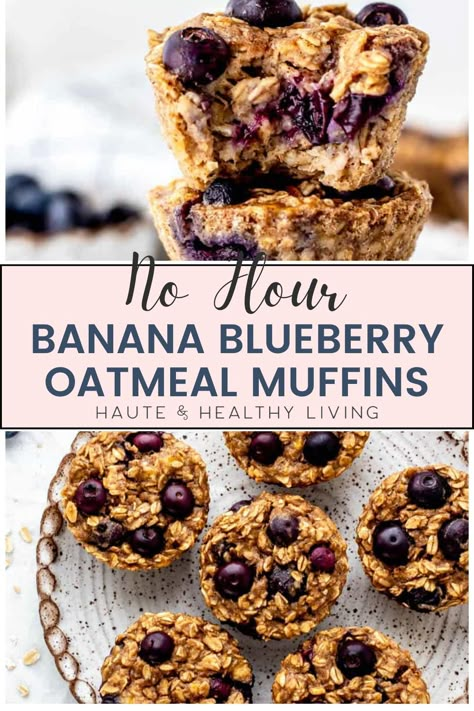 These nutritious oatmeal muffins with banana and blueberries are great for a make-ahead breakfast or lunch! They are really moist, with juicy blueberries in every bite, and they are incredibly easy to make. For a quick and simple breakfast on the run, prepare a batch of these delicious homemade baked oatmeal cups! #hauteandhealthyliving #dairyfree #glutenfree  #vegetarian #healthybreakfast Healthy Blueberry Muffins Oatmeal, Healthy Banana Blueberry Oatmeal Muffins, Oatmeal Muffins No Flour, Almond Flour Banana Blueberry Muffins, Gluten Free Oatmeal Muffins, Blueberry Banana Oatmeal Muffins, Banana Blueberry Baked Oatmeal, Blw Banana Blueberry Muffins, Blueberry Banana Oatmeal