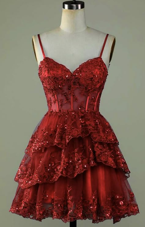 Red Poofy Dresses Short, Red 8th Grade Formal Dresses, Carnival Hoco Dress, Dark Red Dama Dresses, Red And Gold Dama Dresses, Red Dress Short Aesthetic, Red Quince Dama Dresses, Red Dama Dresses, Dark Red Homecoming Dresses