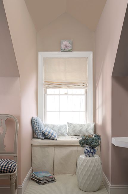 Subtle Pink Paint, Room With Window Seat, Popular Bedroom Colors, Rose Paint Color, Tshirt Background, Pink Paint Color, Benjamin Moore Pink, Benjamin Moore Bedroom, Boys Bedroom Colors