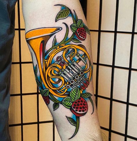 French Horn Tattoo, Horn Tattoo, French Horns, Mom Tattoo, French Horn, Mom Tattoos, Custom Tattoo, First Tattoo, Beautiful Tattoos