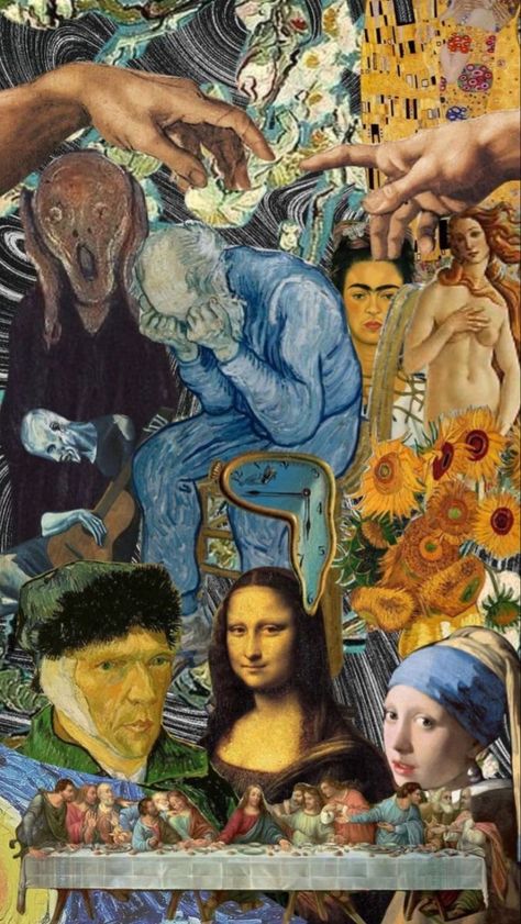 Famous Art Aesthetic, Painting Collage Aesthetic, Van Gogh Collage Art, Cool Art Collages, Collage Art Music, Artist Collage Wallpaper, Moodboard Collage Aesthetic, Kolaj Art Ideas, Aesthetic Monalisa