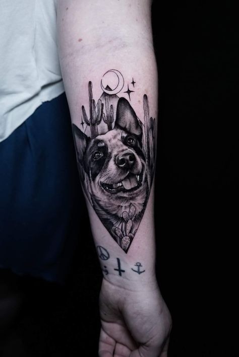 Dog Calf Tattoo, Heeler Tattoo Ideas, Western Dog Tattoo, Blue Healer Tattoo, Heeler Dog Tattoo, Multiple Dog Tattoo, Australian Cattle Dog Tattoo, Blue Heeler Tattoo, Cattle Dog Tattoo