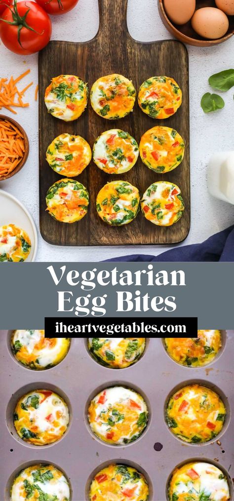 These delicious vegetarian egg bites are a great make-ahead breakfast! You can prepare a batch of these and reheat them in the microwave for a quick morning meal or high-protein snack! Non Dairy Egg Bites, Egg Bites With Veggies, Egg Bites Veggie, Healthy Egg Bites Recipe, Egg Bites Vegetarian, Make Ahead Vegetarian Breakfast, Make Ahead Egg Bites, Vegetarian Egg Bites, Veggie Egg Bites