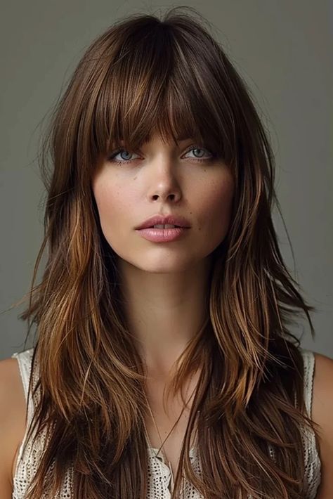 Haircut Long Bangs, Long Hair With Fringe, Long Hair With Bangs And Layers, 70s Haircuts, Long Choppy Layers, Parisian Hair, Wolf Cuts, Hair Fringe, Bangs Hairstyle