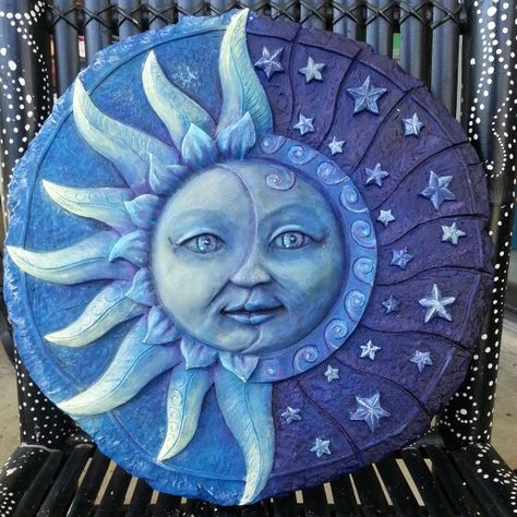 Sun, moon, stars, stepping stone painted by Aliwishes, acrylic on stone Rock Painting Ideas Sun And Moon, Sun Clay Art, Sun And Moon Clay, Sun And Moon Clay Art, Sun And Moon Pottery, Sun And Moon Ceramics Pottery, Sun And Moon Ceramics, Mosaic Sun And Moon, Sun And Moon Sculpture