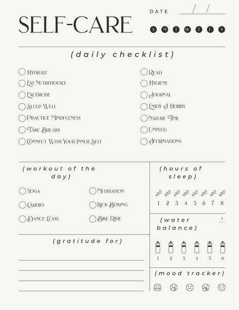 White Modern Lines Clean Daily Self-Care Planner Self Care Menu, Daily Self Care Checklist, Daily Self Care, Self Care Checklist, Daily Checklist, Health Planner, Mood Tracker, Yoga Meditation, Better Sleep