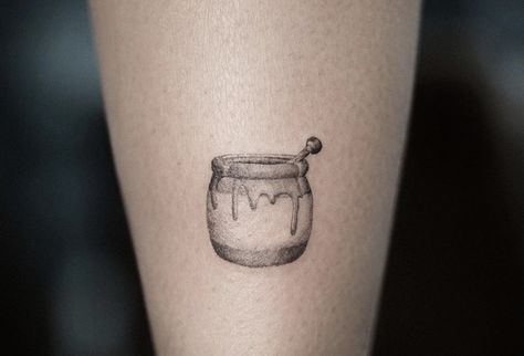 Honeypot Tattoo Simple, Honeybun Tattoo, Honey Bottle Tattoo, Honey Pot Tattoo Simple, Winnie The Pooh Honey Pot Tattoo, Small Honey Jar Tattoo, Honey Tattoo Ideas, Jonah Tattoo, Honeypot Tattoo