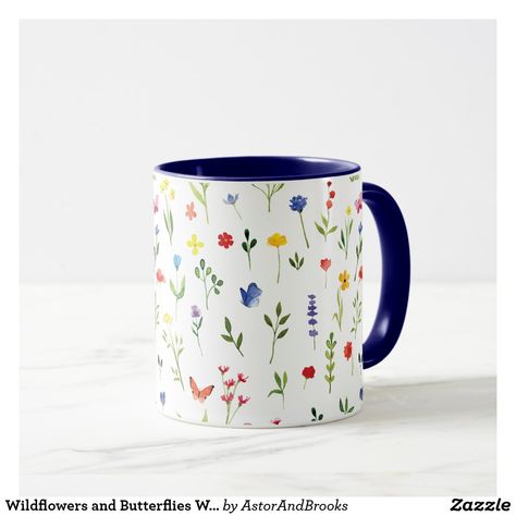 Wildflowers and Butterflies Watercolor Pattern Mug Floral Mug Painting, Coffee Mug Pottery Painting Ideas, Diy Plates, Pottery Painting Ideas Easy, Random Diys, Wildflowers And Butterflies, Clay Cafe, Diy Pottery Painting, Pattern Mug