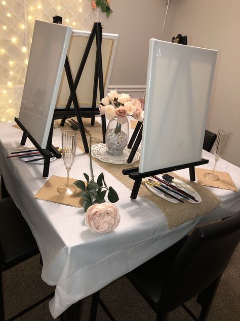 Sip And Paint Table Decor, Paint And Sip Table Decor, Paint And Sip Party Decorations, Paint And Sip Decor, Sip And Paint Decorating Ideas, Painting Centerpieces, At Home Paint And Sip Party, Paint And Sip Ideas Parties Decorations, Sip And Paint Party Ideas