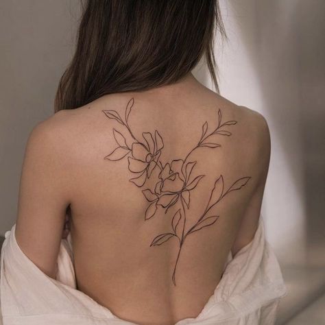 One Line Flower Tattoo, Back Flower Tattoo, One Line Flower, Line Flower Tattoo, Floral Back Tattoos, One Line Tattoo, Torso Tattoos, Anklet Tattoos, Hip Tattoos Women