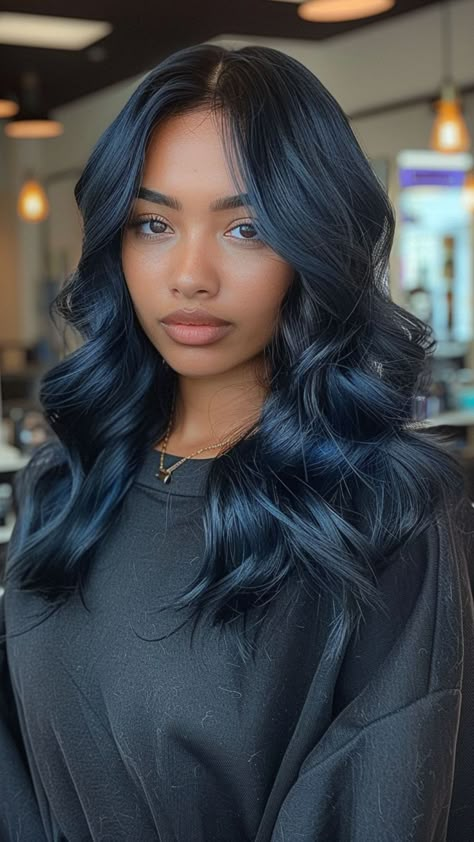 Blue Black Hair On Brown Skin, Black Hair With Different Colors, Types Of Black Hair Color, Cool Tone Black Hair, Jet Black Blue Hair, Black Hair With Blue Undertones, Dark Indigo Hair, Jet Blue Hair, Grey Blue Hair Color