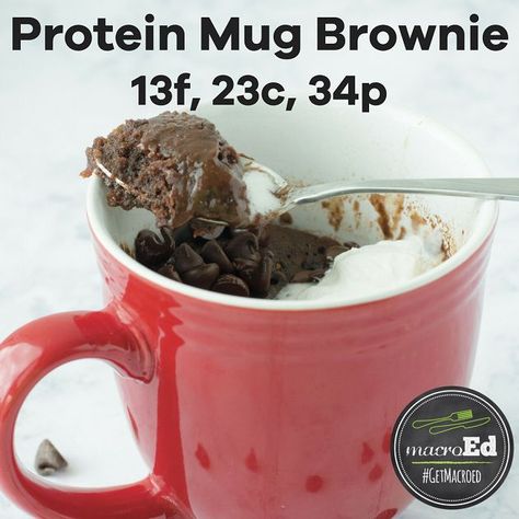 What's sweet, delicious, ready in 5 minutes, and has 34g of protein? MacroEd's Protein Mug Brownie!!! 1st Phorm's protein powders never tasted so good! #protein #proteinpowder #brownies #dessert #getmacroed Protein Mug Brownie, Mug Brownie, Protein Mug Cakes, 1st Phorm, Pear Crumble, Brownie In A Mug, Mug Cakes, Protein Desserts, Salty Cake