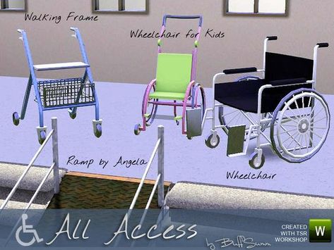 Parts of this set was requested. So I made a set for handicapped sims. The set contains 8 new objects like a wheelchair, a stair elevator, a walking frame, a wheelchair for kids and 3 parking... Sims 4 Cc Crutches, Sims Challenge, Cc Furniture, Sims 5, My Sims, The Sims 4 Packs, Sims 4 Game Mods, Sims 4 Mm Cc, Sims Ideas