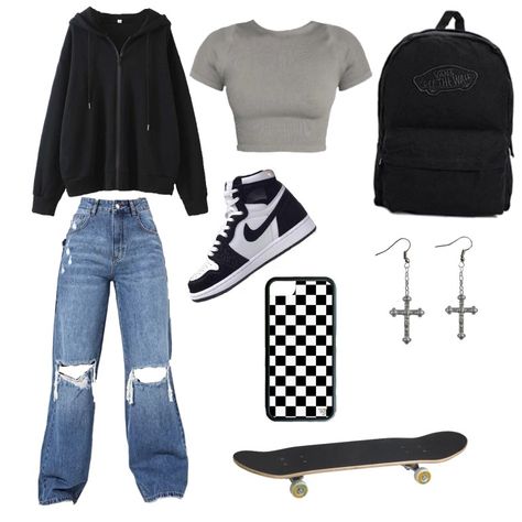 Skater girl outfit Skater Girl Aesthetic Outfits For School, Skater Girl Shoes, Skater Style Girl, Girl Skater Outfits, Lizzy Aesthetic, Skater Outfit Ideas, Skater Girl Outfits Winter, Skater Girl Aesthetic Outfits