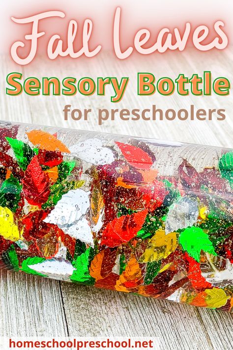 Capture the essence of autumn with this fall leaves sensory bottle! It will make a great calming activity for toddlers and preschoolers. #sensorybottle #fallsensory #fallleaves #homeschoolprek Leaves Sensory, Preschoolers Crafts, Harvest Activities, Thanksgiving Crafts For Toddlers, Fall Lesson Plans, Toddler Daycare, Sensory Bottle, Calendar For Kids, Fall Lessons