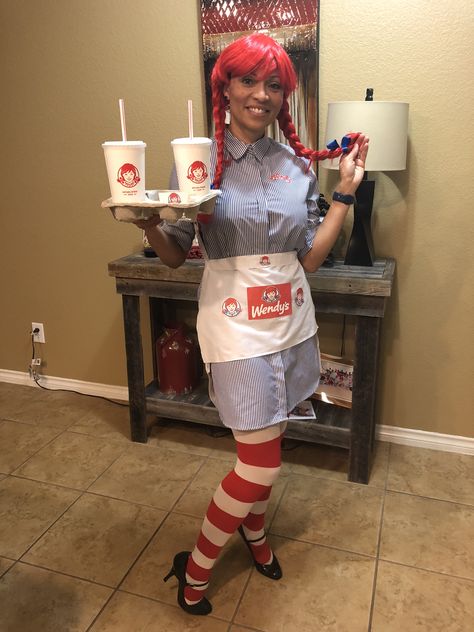 Wendy’s fast food costume Wendy’s Halloween Costume, Wendys Halloween Costumes, Wendy's Costume Fast Food, Wendy Costume Fast Food, Wendy’s Costume, Wendys Costume, Wendy's Costume, Fast Food Costumes, Wendy Halloween Costume