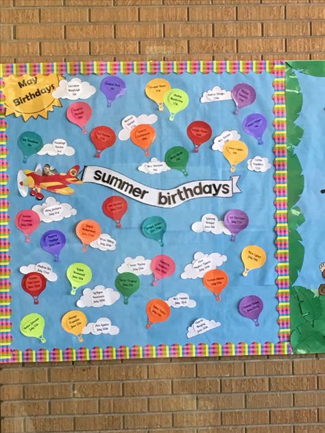 May, June, and July birthday board Summer Birthday Bulletin Board Ideas, June Birthday Bulletin Board Ideas, May Birthday Bulletin Board Ideas, June Birthday Board Ideas, June Bulletin Board Ideas, Bulletin Board Ideas Kindergarten, June Bulletin Board, Daycare Projects, Teacher Door Decorations