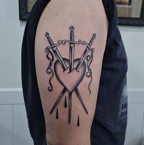 Chalice Tattoo Company on Instagram: "Three of Swords by @goatmoth" Chalice Tattoo Traditional, 3 Of Swords Tattoo Traditional, Three Swords Tattoo, 3 Of Swords Tattoo, Three Of Swords Tattoo, Victorian Tattoos, Chalice Tattoo, Three Tattoo, Divorce Tattoo