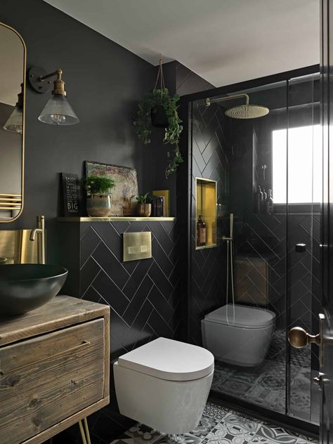 The Best Tile Color for a Small Bathroom 28 Gloomy Bathroom, Moody Bathrooms, Gray Rooms, Dark Grey Bathroom, Small Dark Bathroom, Blue Green Tile, Dark Blue Tile, Moody Bathroom, Brick Feature Wall